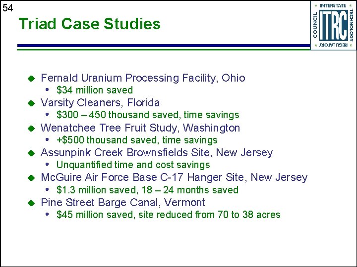 54 Triad Case Studies u Fernald Uranium Processing Facility, Ohio u Varsity Cleaners, Florida