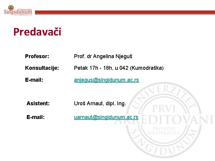 Predavači Profesor: Prof. dr Angelina Njeguš Konsultacije: Petak 17 h - 18 h, u