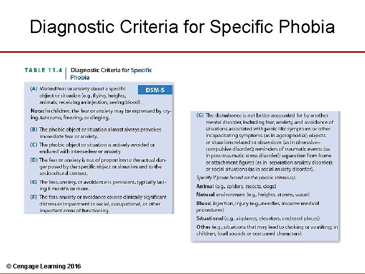 Diagnostic Criteria for Specific Phobia © Cengage Learning 2016 