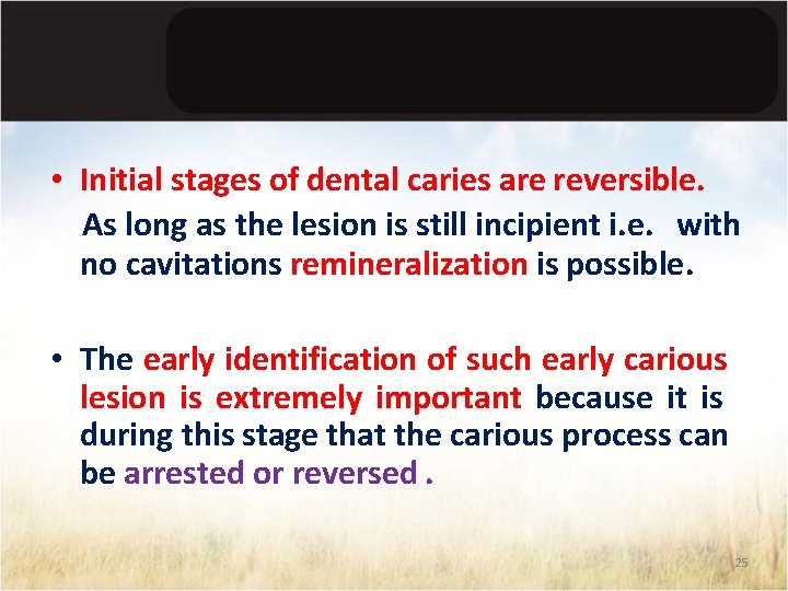  • Initial stages of dental caries are reversible. As long as the lesion