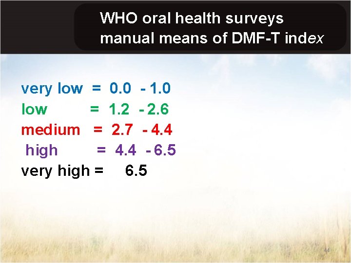 WHO oral health surveys manual means of DMF-T index very low = 0. 0