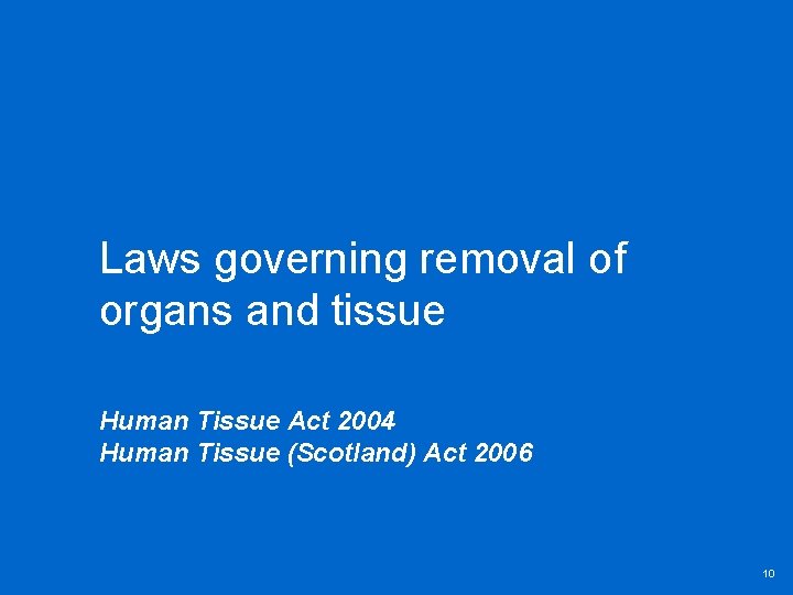 Laws governing removal of organs and tissue Human Tissue Act 2004 Human Tissue (Scotland)