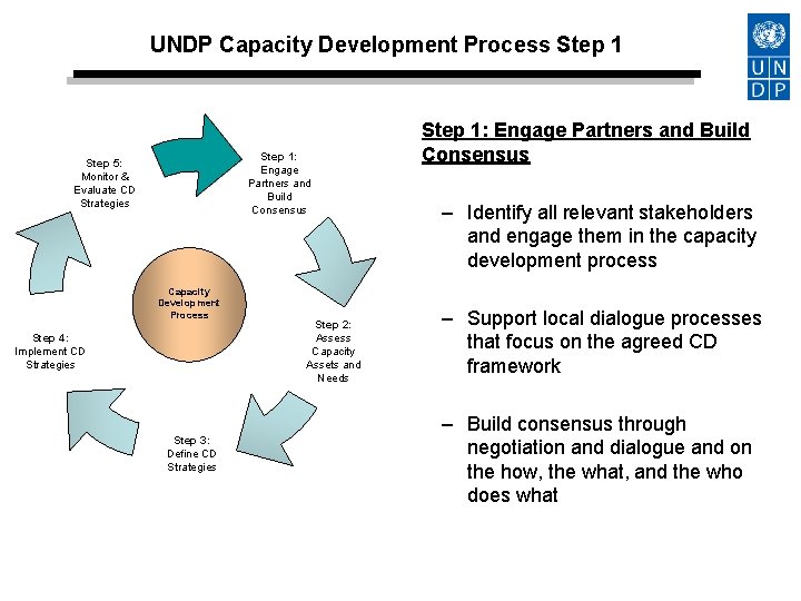 UNDP Capacity Development Process Step 1: Engage Partners and Build Consensus Step 5: Monitor