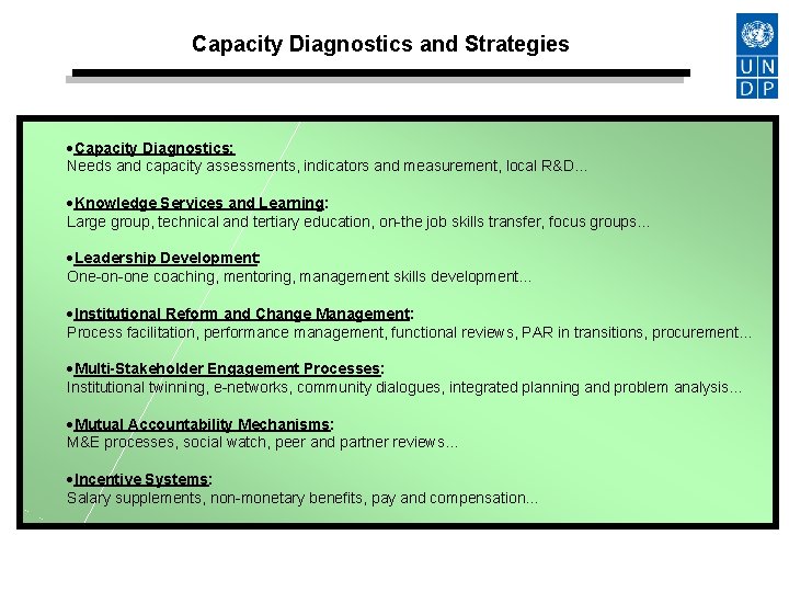 Capacity Diagnostics and Strategies Capacity Diagnostics: Needs and capacity assessments, indicators and measurement, local