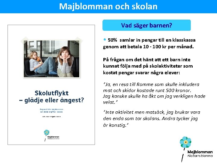 Majblomman och skolan Vad säger barnen? • 50% samlar in pengar till en klasskassa