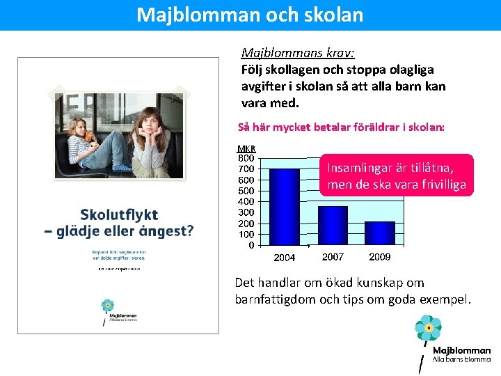 Majblomman och skolan Majblommans krav: Följ skollagen och stoppa olagliga avgifter i skolan så