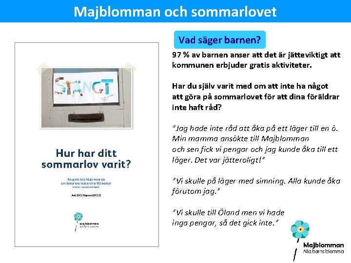 Majblomman och sommarlovet Vad säger barnen? 97 % av barnen anser att det är