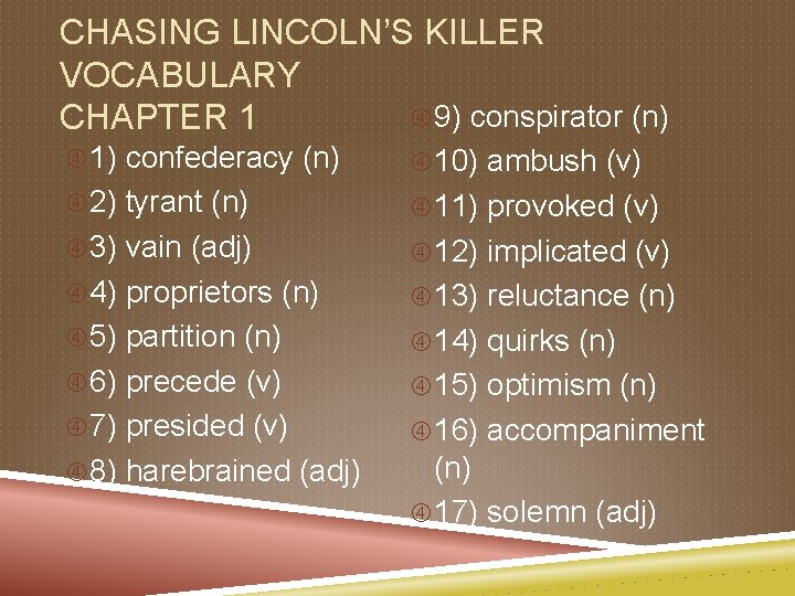 CHASING LINCOLN’S KILLER VOCABULARY 9) conspirator (n) CHAPTER 1 1) confederacy (n) 10) ambush