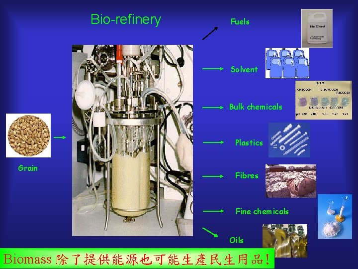 Bio-refinery Fuels Solvent Bulk chemicals Plastics Grain Fibres Fine chemicals Oils Biomass 除了提供能源也可能生產民生用品! 