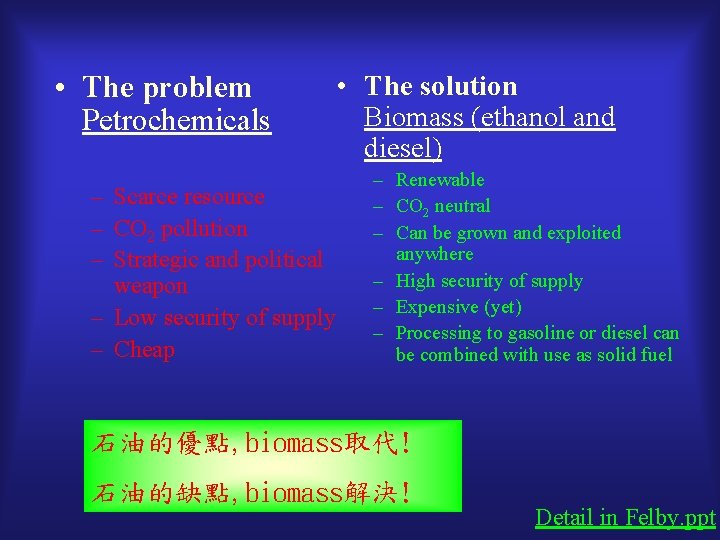  • The problem Petrochemicals – Scarce resource – CO 2 pollution – Strategic