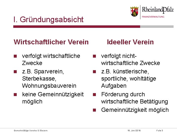 I. Gründungsabsicht Ideeller Verein Wirtschaftlicher Verein verfolgt wirtschaftliche Zwecke z. B. Sparverein, Sterbekasse, Wohnungsbauverein