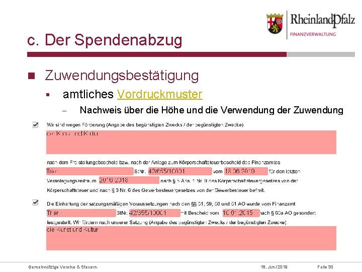 c. Der Spendenabzug Zuwendungsbestätigung § amtliches Vordruckmuster - Nachweis über die Höhe und die