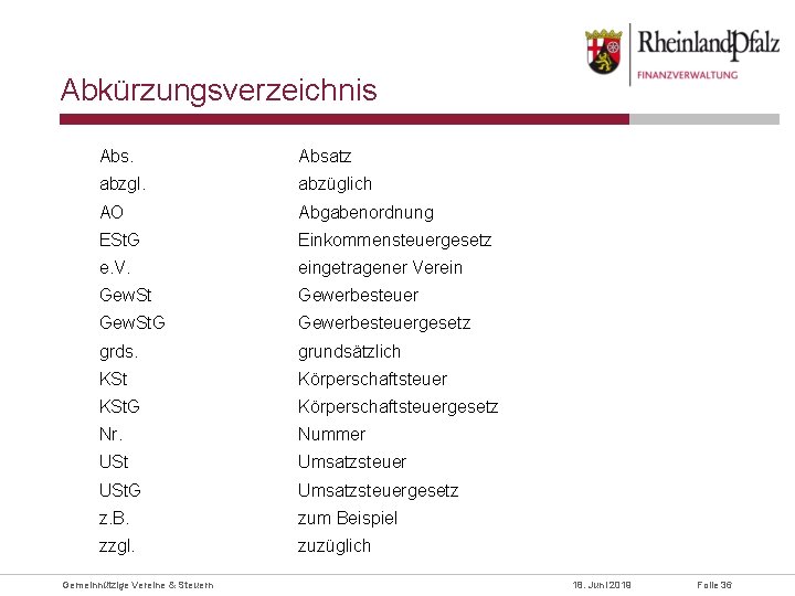 Abkürzungsverzeichnis Absatz abzgl. abzüglich AO Abgabenordnung ESt. G Einkommensteuergesetz e. V. eingetragener Verein Gew.