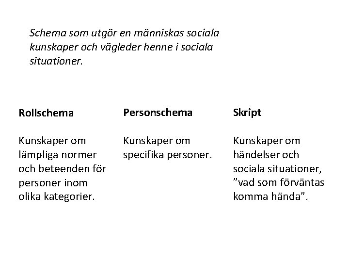 Schema som utgör en människas sociala kunskaper och vägleder henne i sociala situationer. Rollschema