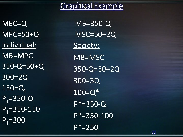 Graphical Example MEC=Q MPC=50+Q Individual: MB=MPC 350 -Q=50+Q 300=2 Q 150=Q 1 P 1=350