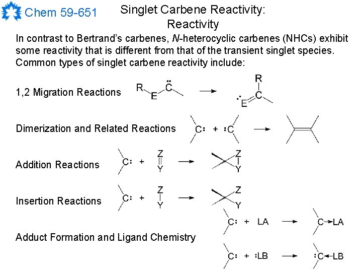 Chem 59 -651 Singlet Carbene Reactivity: Reactivity In contrast to Bertrand’s carbenes, N-heterocyclic carbenes