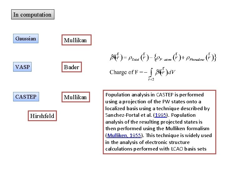 In computation Gaussian Mullikan VASP Bader CASTEP Mullikan Hirshfeld Population analysis in CASTEP is