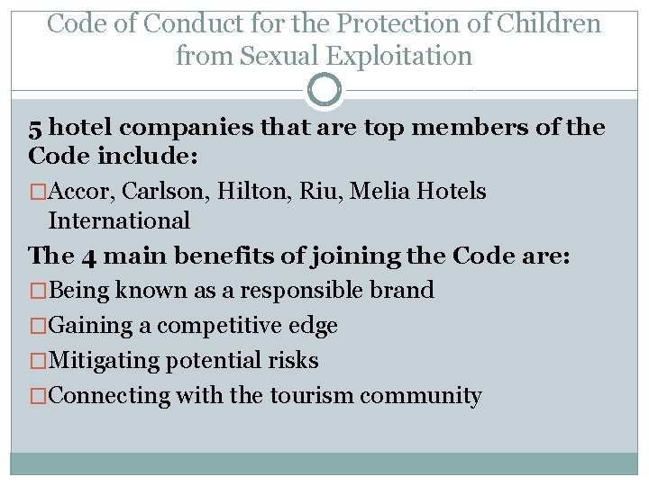 Code of Conduct for the Protection of Children from Sexual Exploitation 5 hotel companies