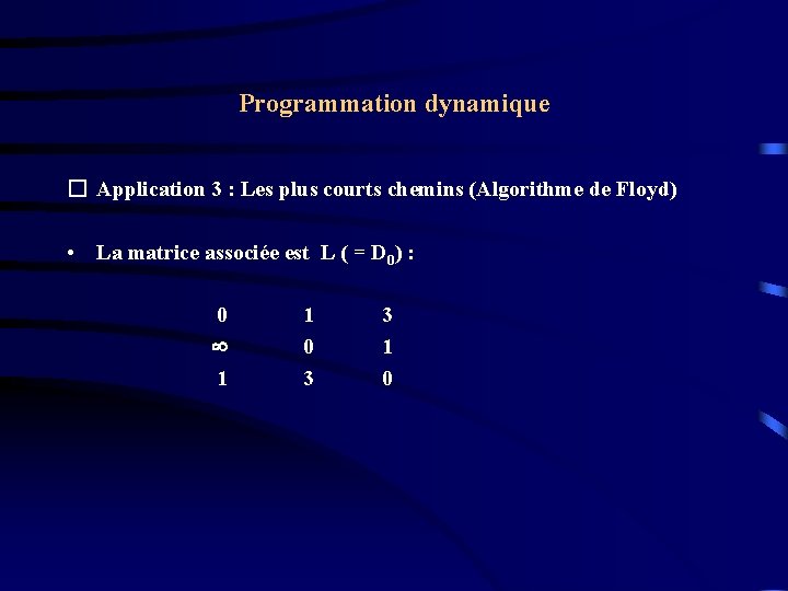 Programmation dynamique � Application 3 : Les plus courts chemins (Algorithme de Floyd) • Programmation dynamique � Application 3 : Les plus courts chemins (Algorithme de Floyd) •