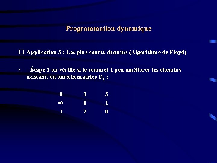 Programmation dynamique � Application 3 : Les plus courts chemins (Algorithme de Floyd) • Programmation dynamique � Application 3 : Les plus courts chemins (Algorithme de Floyd) •
