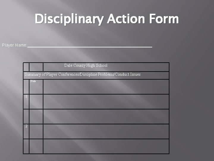 Disciplinary Action Form Player Name: Dale County High School Summary of Player Conferences/Discipline Problems/Conduct
