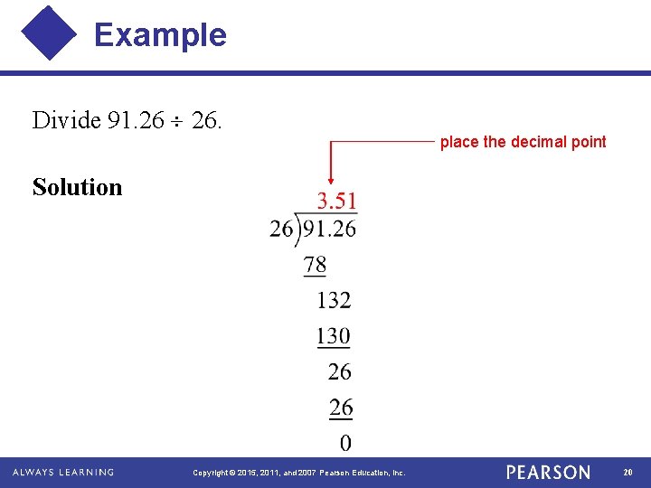 Example Divide 91. 26 26. place the decimal point Solution Copyright © 2015, 2011,