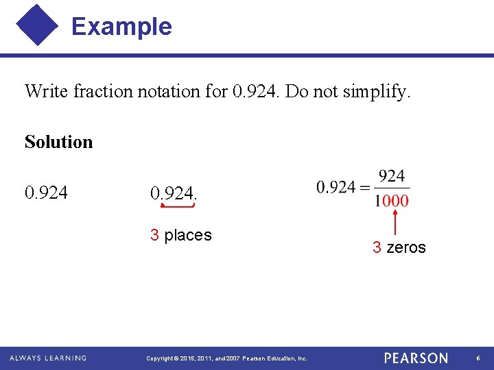 Example Write fraction notation for 0. 924. Do not simplify. Solution 0. 924. 3