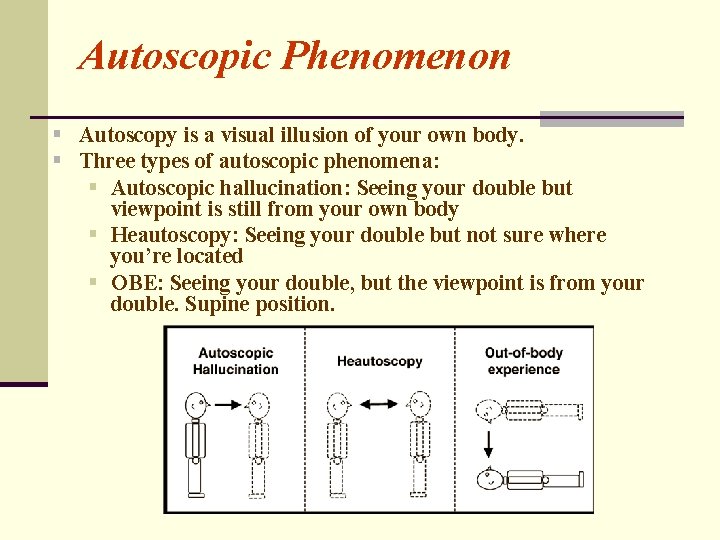 Autoscopic Phenomenon § Autoscopy is a visual illusion of your own body. § Three