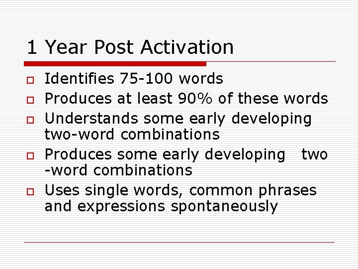 1 Year Post Activation o o o Identifies 75 -100 words Produces at least