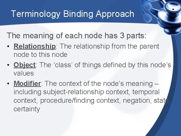 Terminology Binding Approach The meaning of each node has 3 parts: • Relationship: The