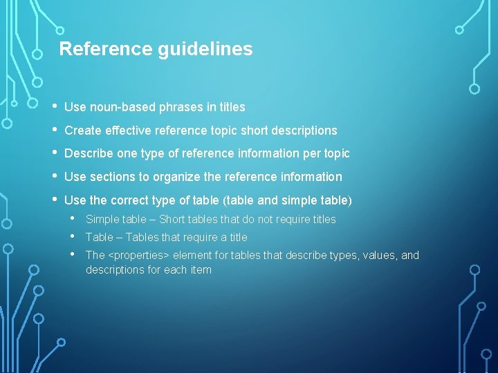 Reference guidelines • • • Use noun-based phrases in titles Create effective reference topic