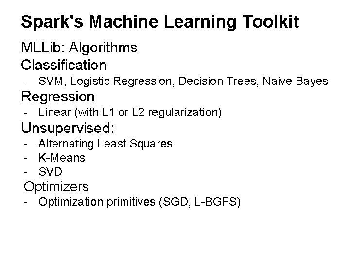 Spark's Machine Learning Toolkit MLLib: Algorithms Classification - SVM, Logistic Regression, Decision Trees, Naive