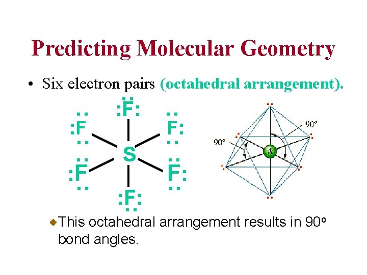 Predicting Molecular Geometry • Six electron pairs (octahedral arrangement). : : : S :