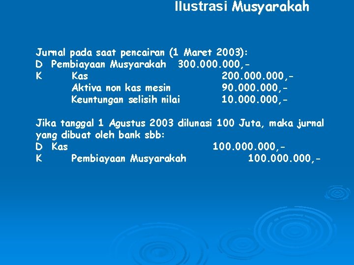 Ilustrasi Musyarakah Jurnal pada saat pencairan (1 Maret 2003): D Pembiayaan Musyarakah 300. 000,