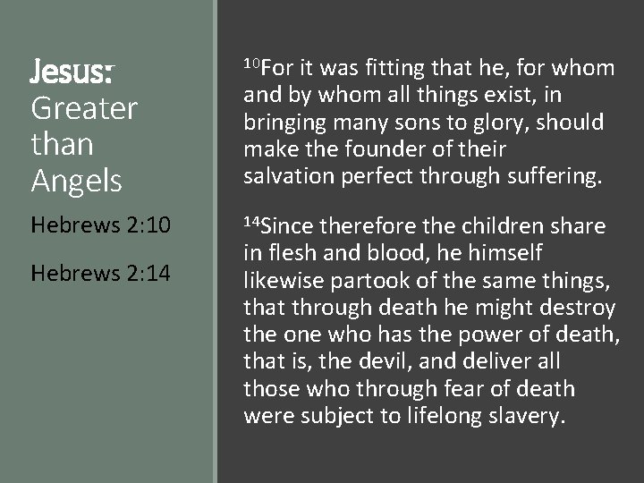 Jesus: Greater than Angels 10 For it was fitting that he, for whom Hebrews