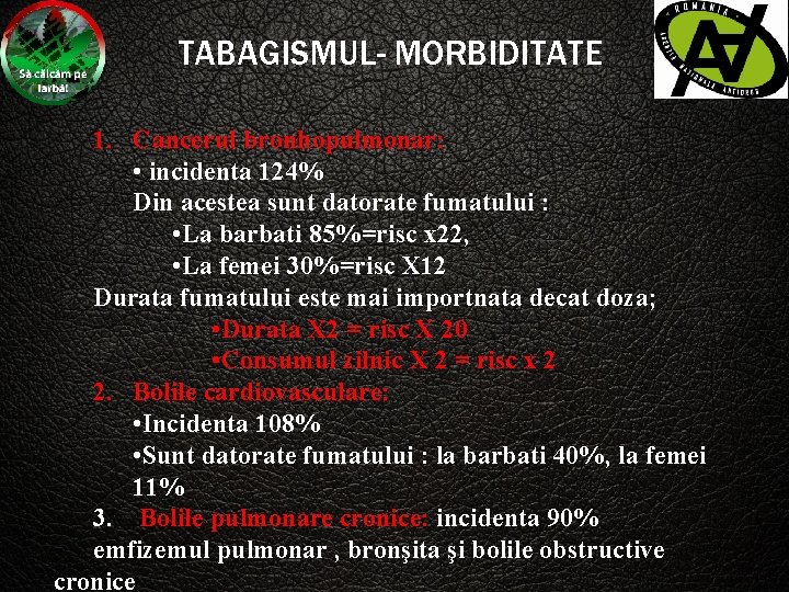 TABAGISMUL- MORBIDITATE 1. Cancerul bronhopulmonar: • incidenta 124% Din acestea sunt datorate fumatului :