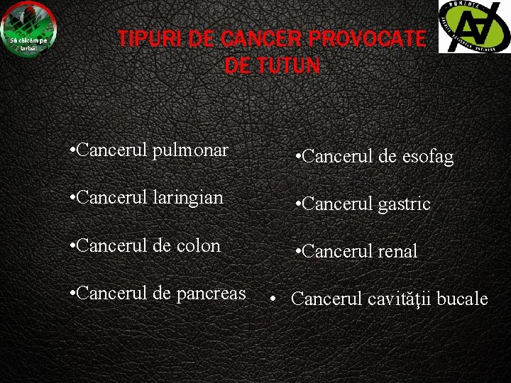TIPURI DE CANCER PROVOCATE DE TUTUN • Cancerul pulmonar • Cancerul de esofag •
