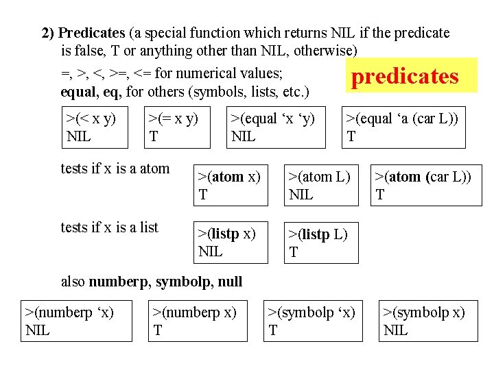 2) Predicates (a special function which returns NIL if the predicate is false, T