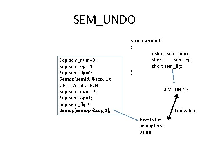 SEM_UNDO Sop. sem_num=0; Sop. sem_op=-1; Sop. sem_flg=0; Semop(semid, &sop, 1); CRITICAL SECTION Sop. sem_num=0;