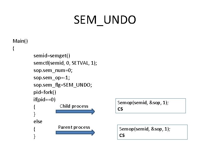 SEM_UNDO Main() { semid=semget() semctl(semid, 0, SETVAL, 1); sop. sem_num=0; sop. sem_op=-1; sop. sem_flg=SEM_UNDO;
