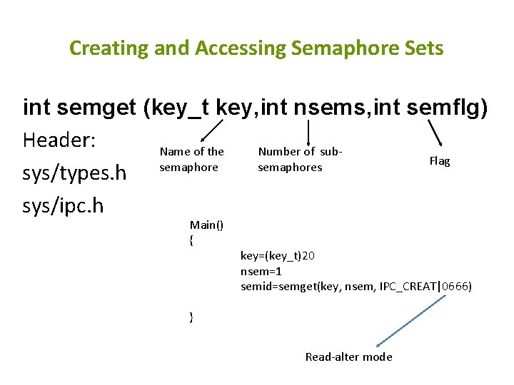 Creating and Accessing Semaphore Sets int semget (key_t key, int nsems, int semflg) Header: