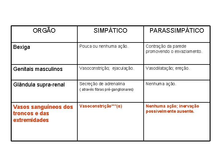 ORGÃO SIMPÁTICO PARASSIMPÁTICO Bexiga Pouca ou nenhuma ação. Contração da parede promovendo o esvaziamento.