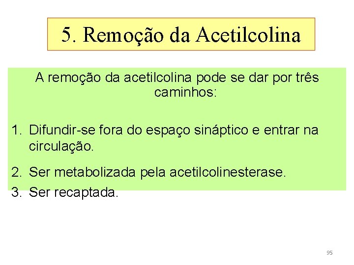 5. Remoção da Acetilcolina A remoção da acetilcolina pode se dar por três caminhos: