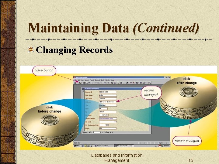 Maintaining Data (Continued) Changing Records Databases and Information Management 15 