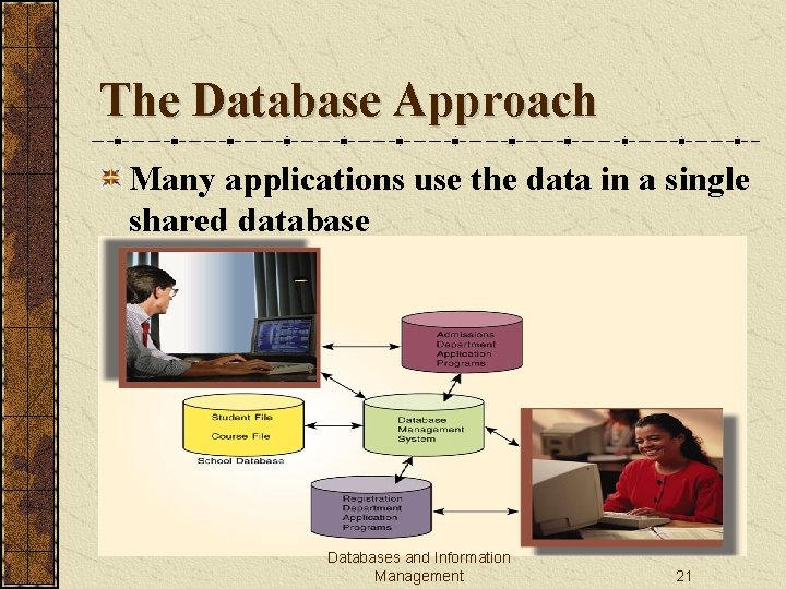 The Database Approach Many applications use the data in a single shared database Databases