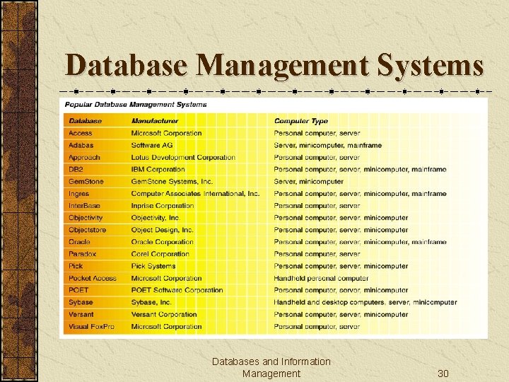 Database Management Systems Databases and Information Management 30 