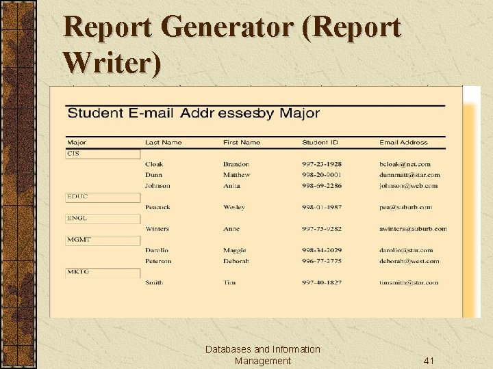 Report Generator (Report Writer) Databases and Information Management 41 