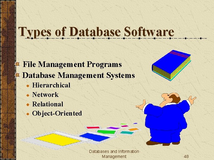 Types of Database Software File Management Programs Database Management Systems Hierarchical Network Relational Object-Oriented