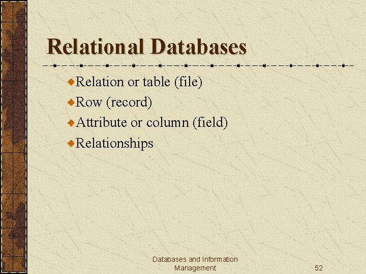 Relational Databases Relation or table (file) Row (record) Attribute or column (field) Relationships Databases