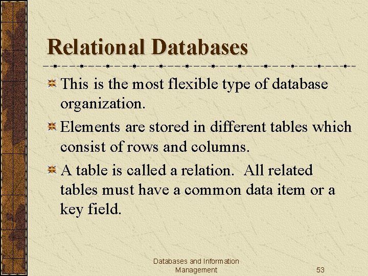 Relational Databases This is the most flexible type of database organization. Elements are stored